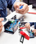 Person using All In One Soldering Kit With 80W Adjustable Temperature Iron, Multimeter, Helping Hand, Desoldering Pump, Extra Tips, Solder Wire, Heat Shrink Tubing And Tape, Tweezers And Screwdriver For Pro Level Repairs on a circuit board.