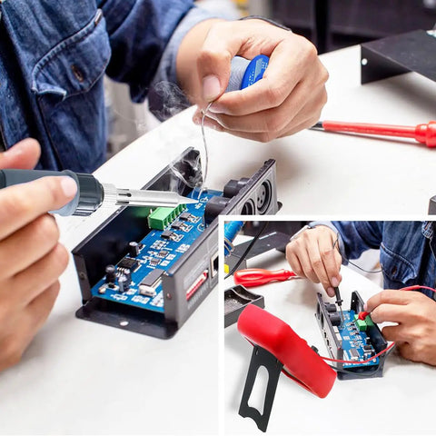 Person using All In One Soldering Kit With 80W Adjustable Temperature Iron, Multimeter, Helping Hand, Desoldering Pump, Extra Tips, Solder Wire, Heat Shrink Tubing And Tape, Tweezers And Screwdriver For Pro Level Repairs on a circuit board.