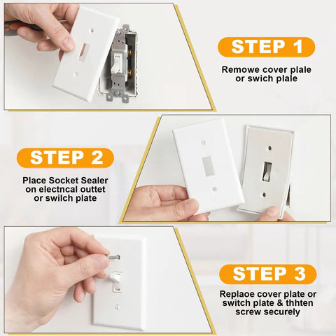 Image showing installation steps for 46 Pack Outlet and Wall Plates Insulation Sealer Set for Weatherproofing and Energy Saving.