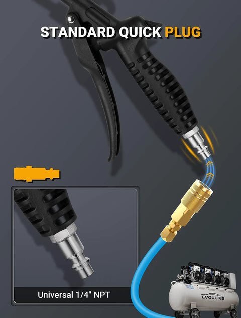 High Flow Air Blow Gun With Rubber Guard, Bent Angle Jet Nozzle, 1 Quarter Inch Quick Plug, Pneumatic Dust Removal Tool