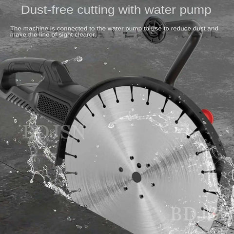 Badass Handheld Electric Concrete Saw With Built In Water Pump And Hose for smooth ring cuts showing water spray during operation.