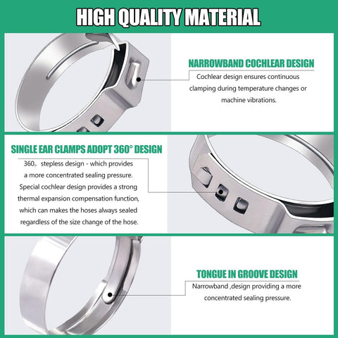 Rugged Pro Grade PEX Cinch Clamps Kit 5 Size 3/8 1/2 3/4 5/8 1 Inch Stainless Steel Crimp Rings with cochlear and tongue groove design