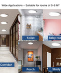 18W Ultra Thin Flush Mount LED Ceiling Light 8.9 Inch 6500K Daylight White, 1800 Lumen in various room settings