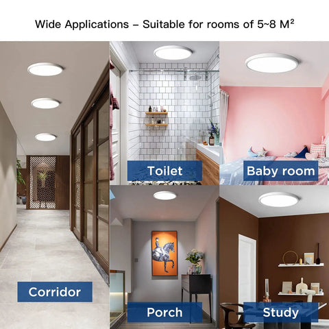 18W Ultra Thin Flush Mount LED Ceiling Light 8.9 Inch 6500K Daylight White, 1800 Lumen in various room settings