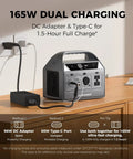 C400 256Wh Portable Power Station with 400W AC Outlet charging via DC adapter and Type-C on a wooden table.