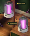 Rechargeable Portable Bug Zapper With USB Charging Indoor Outdoor Mosquito Fly Insect Trap Powerful Fruit Fly Killer With Safety Shield For Patio And Home Your Go To Pest Control Tool shown in two configurations, hanging and on a tabletop, emitting purple light.