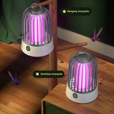 Rechargeable Portable Bug Zapper With USB Charging Indoor Outdoor Mosquito Fly Insect Trap Powerful Fruit Fly Killer With Safety Shield For Patio And Home Your Go To Pest Control Tool shown in two configurations, hanging and on a tabletop, emitting purple light.