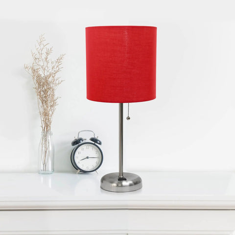 Red fabric shade on sleek brushed steel table lamp with built-in charging outlet, modern desk light for home office and living rooms.