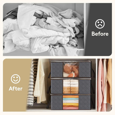 Before and after using Six Pack Clothes Storage Bags Foldable Storage Bins With Reinforced Handles And Clear Window Heavy Duty Fabric Closet Organizer For Clothing And Bedding Gray