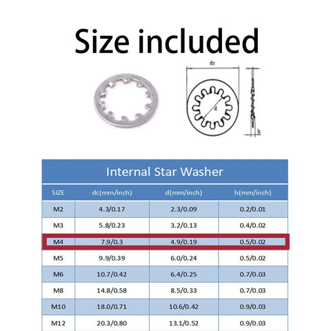 304 Stainless Steel Internal Tooth Star Lock Washers Kit 100 Pc Assortment M4 Heavy Duty Corrosion Resistant Circlip Snap Rings size chart