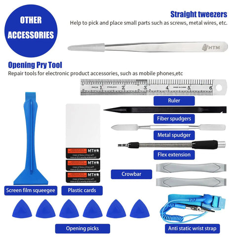 All In One Pro Grade 142 In 1 Precision Screwdriver Set Magnetic Repair Tool Kit For Computers Laptops Xbox MacBook And Game Consoles With ESD Wrist Strap Ruler Spudger Pry Tools And Magnetic Driver Bits accessories including metal tweezers, spudgers, ruler, and ESD wrist strap.
