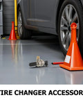 Universal Quick Release Tire Changer Valve Bead Breaker Exhaust For High Pressure Pneumatic Tire Machines Rapid Exhaust And Easy Replacement Wide Compatibility For Auto Shops And Commercial Tire Service, shown beside a car tire