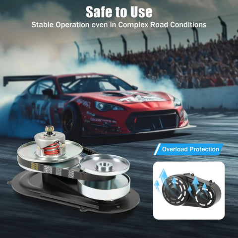 Go Kart Torque Converter Kit 40 Series with 1 Inch Bore for 16 HP Engines shown with overload protection feature and red race car in background.