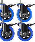 Four Inch Heavy Duty Stem Caster Set Of Four With One Half Inch To Thirteen UNC Threaded Swivel Casters, Stem Length One Inch, Dual Lock Brakes For Furniture And Carts, shown with blue wheels and mounting tools
