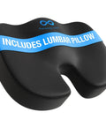 Feel The Ultimate Comfort With This Doctor Approved Memory Foam Seat Cushion Designed For Office Chairs And Cars To Crush Tailbone Pain And Sciatica Suffering While Boosting Your Posture During Those Long Grind Sessions In Style Black with lumbar pillow included.