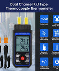 Dual-channel K/J thermocouple thermometer with four K-type probes; blue/black handheld meter with dual LCD readouts