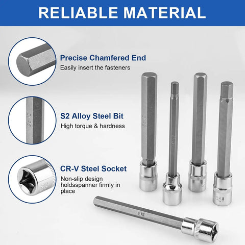 Pro Shop Extra Long Hex Socket Set Featuring Twenty Precision Allen Bits And 3/8 Inch Drive, S2 alloy steel bits, chamfered end design.