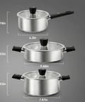 Stainless Steel Pots And Pans Set 6 Piece Non Toxic Cookware With Glass Lids Induction Compatible showcasing three pan sizes.
