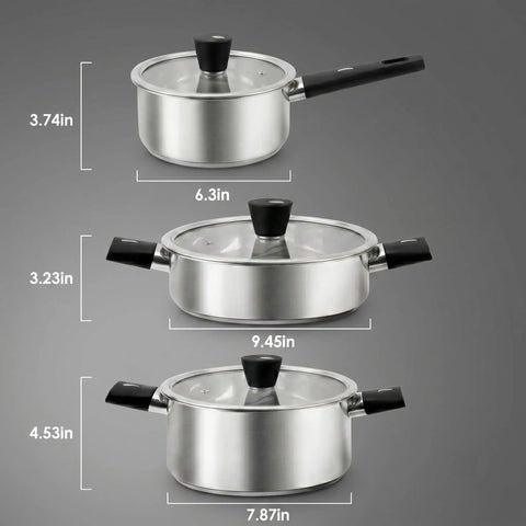 Stainless Steel Pots And Pans Set 6 Piece Non Toxic Cookware With Glass Lids Induction Compatible showcasing three pan sizes.