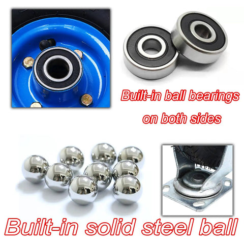 Close-up of Heavy Duty Pneumatic Swivel Casters With Inflatable Rubber Tires and Quick Side Brakes, featuring steel ball bearings.