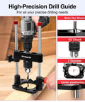 Portable Drill Guide For Straight Holes With Precision Drilling Jig And Chuck Key Attachment Converts Handheld Drilling To Drill Press Level Accuracy For Woodworking Projects Delivers Stable Pro Grade Holes Without Rework displayed on a wooden board with chrome rails and depth stop in use