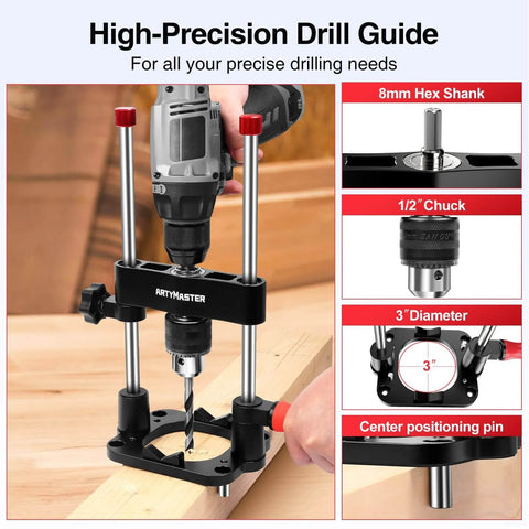 Portable Drill Guide For Straight Holes With Precision Drilling Jig And Chuck Key Attachment Converts Handheld Drilling To Drill Press Level Accuracy For Woodworking Projects Delivers Stable Pro Grade Holes Without Rework displayed on a wooden board with chrome rails and depth stop in use