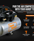 Go-To Portable Air Compressor 2 Gallon 135 PSI Battery Powered Ultra Quiet 60dB And Lightweight with tool compatibility chart