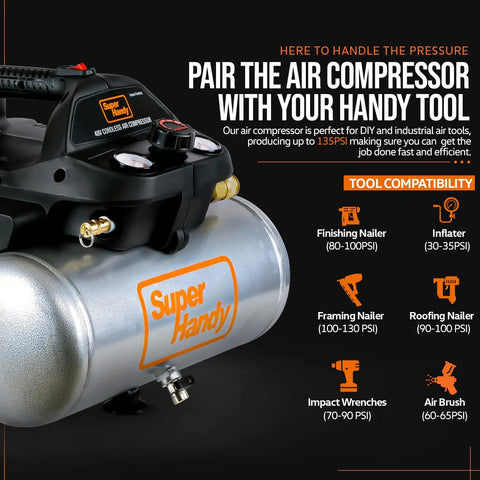 Go-To Portable Air Compressor 2 Gallon 135 PSI Battery Powered Ultra Quiet 60dB And Lightweight with tool compatibility chart