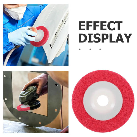 Nylon Buffing And Polishing Wheels For Plastic And Wood With Efficient High Speed Grinding Non-Woven Abrasive Discs For Auto Maintenance At Home, red wheel close-up.