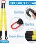 Beefy Two Leg Lifting Slings With Hooks Twin Pack For Engines Cranes Hoists And Trucks, 5 Ft Polyester Bridle Slings, 4410 Lb Working Load Capacity For Heavy Lifting Jobs. yellow two-leg polyester sling with steel hooks and ring