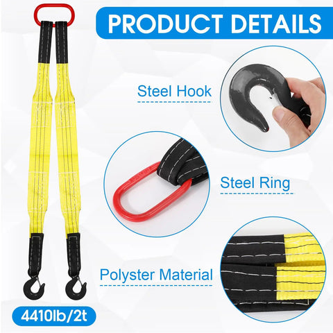 Beefy Two Leg Lifting Slings With Hooks Twin Pack For Engines Cranes Hoists And Trucks, 5 Ft Polyester Bridle Slings, 4410 Lb Working Load Capacity For Heavy Lifting Jobs. yellow two-leg polyester sling with steel hooks and ring