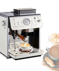On Point Espresso Machine With Burr Grinder And Steam Wand, 2200 Watt Stainless Steel Coffee Maker For Latte And Cappuccino on countertop.
