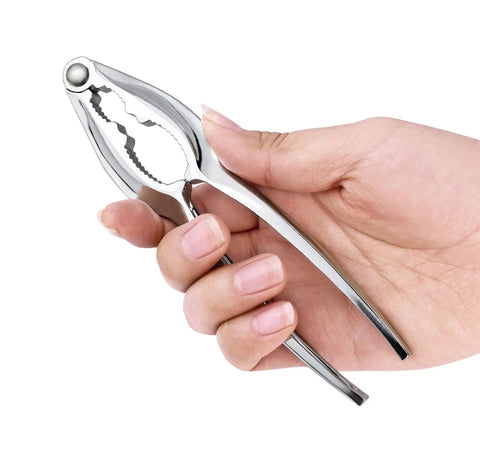 Person holding 8 Piece Seafood Tool Kit With Lobster Crackers And Forks, Pro Grade Chrome Plated Zinc Alloy, ergonomic handles.