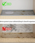 Before and after comparison showing an Under Sink Mat For 36 Inch Cabinets Silicone Waterproof Liner Protects Against Leaks Drips And Spills Gray 35 By 22.5 Inch Holds Over 3 Gallons Keeps It Dry Easy Clean Up With Durable Silicone Non Slip Edges For Quick Hassle Free Maintenance in use.