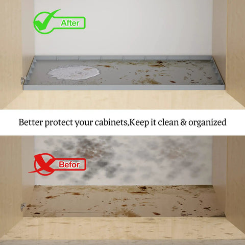 Before and after comparison showing an Under Sink Mat For 36 Inch Cabinets Silicone Waterproof Liner Protects Against Leaks Drips And Spills Gray 35 By 22.5 Inch Holds Over 3 Gallons Keeps It Dry Easy Clean Up With Durable Silicone Non Slip Edges For Quick Hassle Free Maintenance in use.