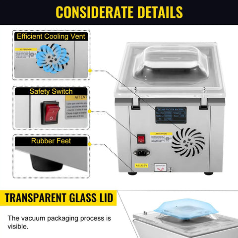 Heavy Duty Automatic Chamber Vacuum Sealer For Food Packaging And Sous Vide Cooking With Digital Display showing efficient cooling vent and safety switch.