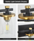 Dope Three Light Vintage Industrial Bathroom Vanity Light Over Mirror In Gold And Black With Clear Glass Shades, Modern Rustic Wall Sconce Details Display