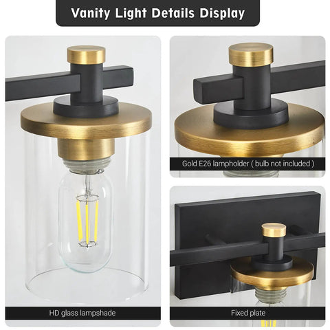 Dope Three Light Vintage Industrial Bathroom Vanity Light Over Mirror In Gold And Black With Clear Glass Shades, Modern Rustic Wall Sconce Details Display