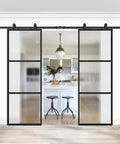 Two In One Double Barn Door Set 60 Inch By 84 Inch With 10 Ft Hardware Kit And Soft Close Reeded Glass Carbon Steel Frame installed