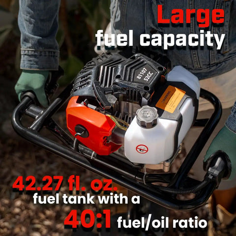 52cc Gas Powered Earth Auger With 8 Inch Bit for effective digging, showing large 42.27 fl. oz. fuel tank capacity in use