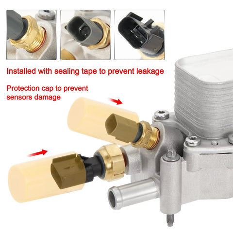 Close-up of Full Aluminum Engine Oil Filter Housing And Oil Cooler Kit with seals and sensors for 2011-2016 Chrysler Dodge Jeep Ram