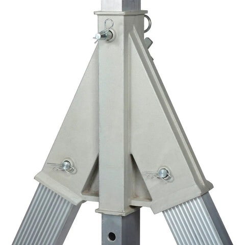 Portable Adjustable Height Aluminum Gantry Crane Lightweight Workshop Hoist With No Fuss Setup Easy Lift Gear Without Breakin Sweat For Tight Garage Bays tripod base up close showing adjustable fittings.