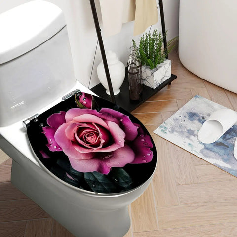Toilet Seat Slow Close, Bathroom with a pink rose design, round shape, featuring water droplets, ideal for home decor.
