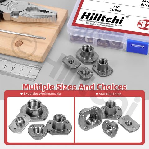 Boss Level 32 Piece T Shape Weld Nuts M6 M8 M10 M12 Premium Carbon Steel Tab Base Locknuts on workbench with pliers and ruler.