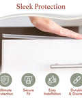 Hand showcasing Slimline Cabinet Edge Protector Pack of 4 for Cabinets, Shelves, and Drawers, Three Quarters Inch Thick, 36 Inch Long, Clear Bumper Guard Prevents Chips, Wear and Discoloration, Easy Slip On Installation being fitted onto a drawer, demonstrating easy installation.