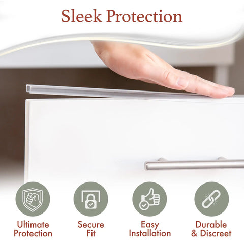 Hand showcasing Slimline Cabinet Edge Protector Pack of 4 for Cabinets, Shelves, and Drawers, Three Quarters Inch Thick, 36 Inch Long, Clear Bumper Guard Prevents Chips, Wear and Discoloration, Easy Slip On Installation being fitted onto a drawer, demonstrating easy installation.