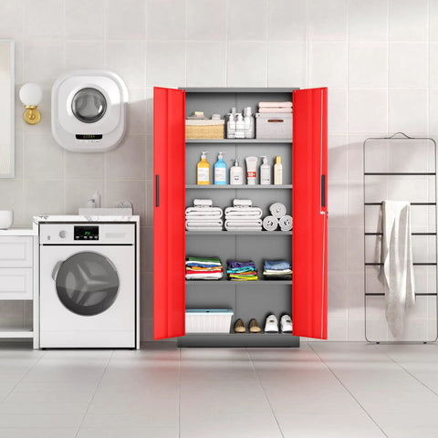 Beefy 72 Inch Heavy Duty Steel Garage Storage Cabinet With 900 Lb Capacity, 3 Point Locking System, Four Adjustable Shelves, Lockable Tall Storage for Garage Office or Warehouse, Black and Red in laundry room