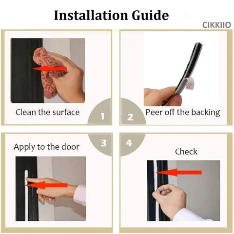 Installation guide for 32.8 Ft Self Adhesive Weather Stripping Seal for Windows and Doors. Steps: clean, peel, apply, check.