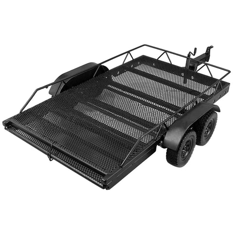 Heavy Duty RC Car Trailer And Cargo Hauler For Scx10 Scale Crawlers Bulletproof Aluminum Build showing mesh design and wheels.