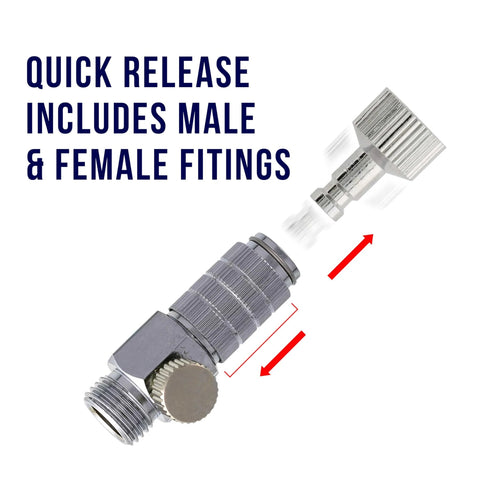 Side view of a metal Master Airbrush quick-release coupling with plug and airflow valve, 1/8" BSP fittings
